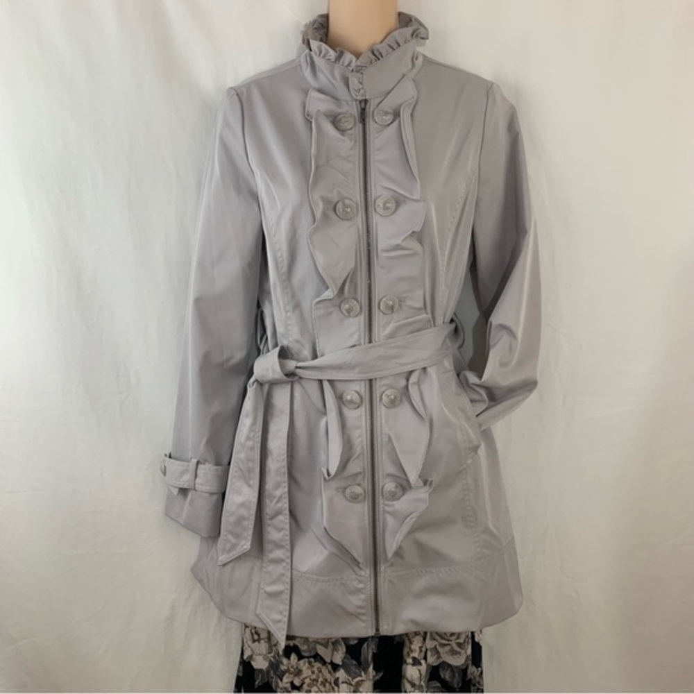 CANDIE’S Gray Ruffle Button Design Trench Style Elegant Jacket Size M